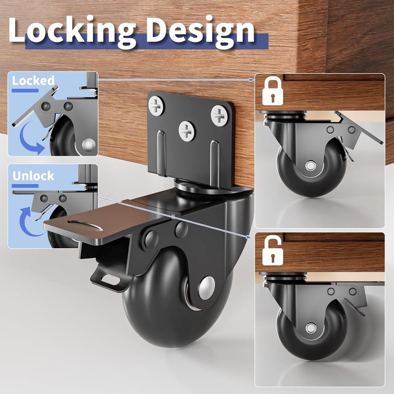 Apllamo Side Mount Plate Caster Wheels - Thickened L-Shaped Mounting ，Heavy Duty 800 LBS，Set of 4 with Brake，360° Swivel，Locking，Castor Wheels for Furniture，Carts，Cabinet，Table(Black, 2 inchs) - Image 5
